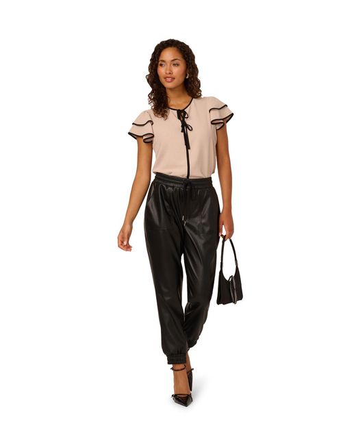 Adrianna Papell Black Crew Neck Contrast Tipped Airflow Bow Tie Woven Shirt