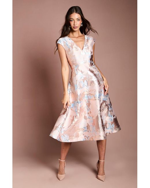 Coast Pink Plunge Neck Jacquard Midi Dress