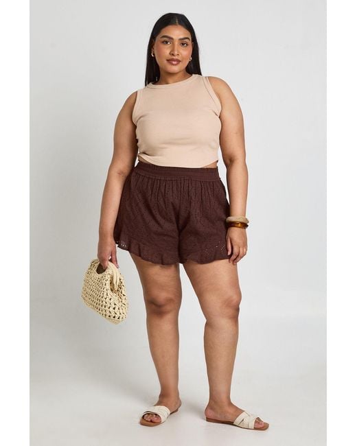 Boohoo Brown Plus Broiderie Elasticated Waist Flippy Short