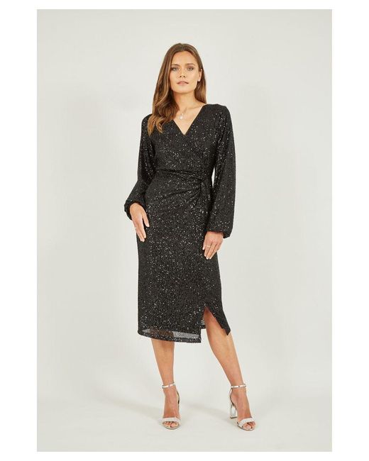 Yumi' Black Sequin Ruched Wrap Long Sleeve Dress
