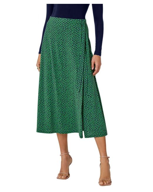 Roman Green Cotton Blend Spot Print Midi Wrap Skirt