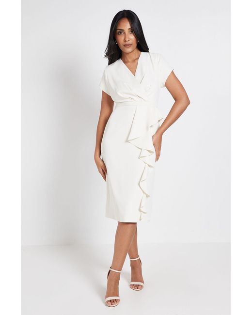 Wallis White Petite Tailored Crepe Ruffle Pencil Dress