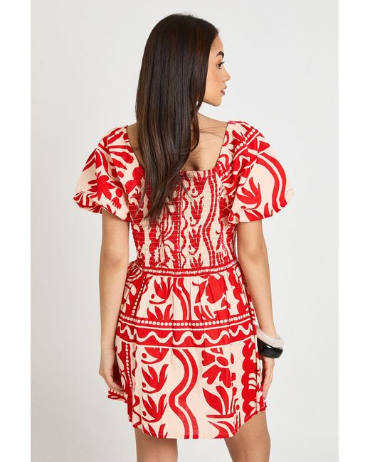 Boohoo Red Floral Print Linen Look Volume Sleeve Mini Dress