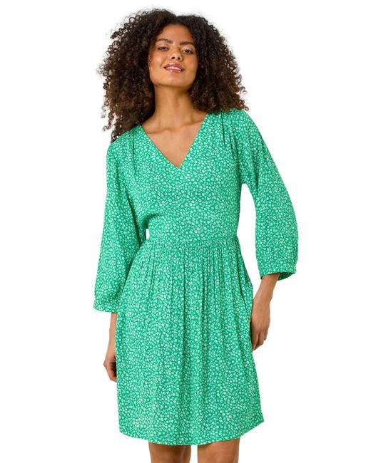 D.u.s.k Green Ditsy Floral Print V-Neck Dress