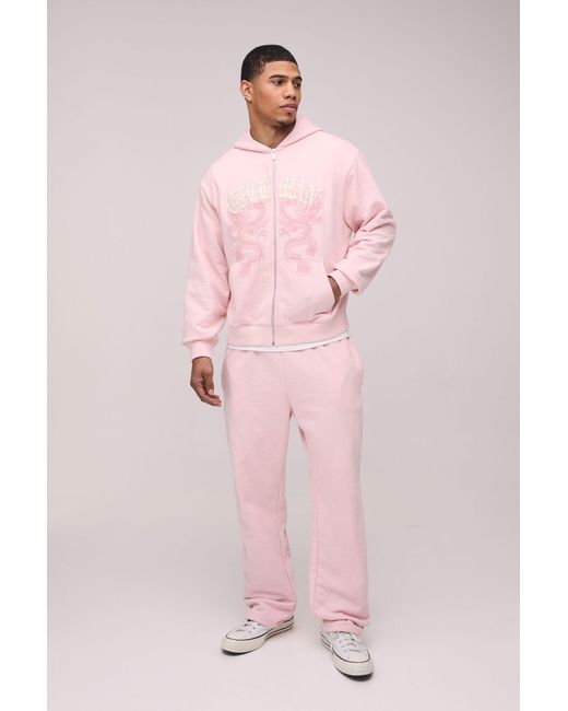 BoohooMAN Pink Oversized Ofclman Applique Dragon Hooded Zip Through Wash Tracksuit for men