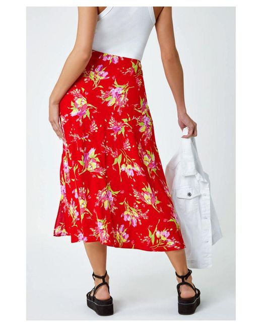 D.u.s.k Red Floral Asymmetric Frill Midi Skirt