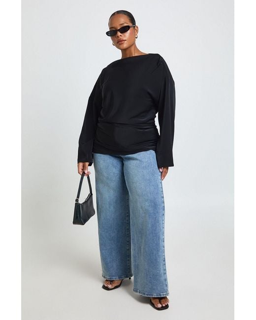 Boohoo Blue Plus Ruched Long Sleeve Blouse