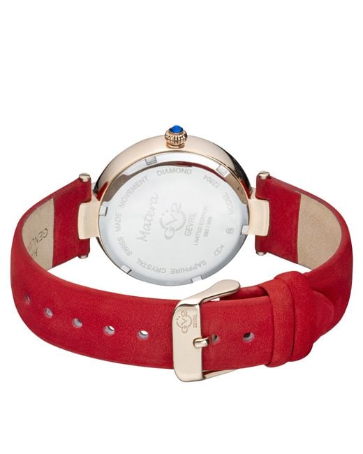 Gv2 Red Matera Swiss Quartz Mother Of Pearl Dial Suede Strap Diamond Watch