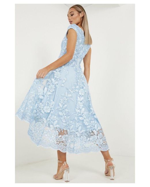 quiz blue lace dress Evening Quiz Baby Blue Dress Lace Quiz High Low Dress Light Blue Ruched Mesh One Shoulder Maxi