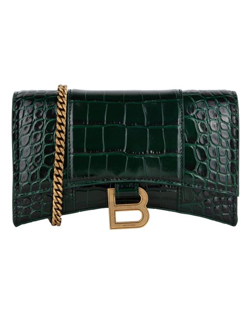 Balenciaga Green Hourglass Embossed Croco Wallet On Chain