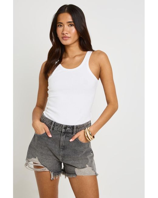 Boohoo White High Waist Ripped Mom Shorts