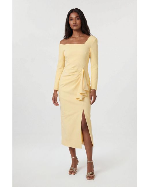 Karen Millen Natural Compact Stretch Asymmetric Neckline Draped Midi Dress