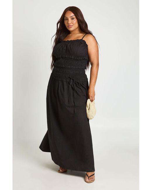 Boohoo Black Plus Shirred Tied Waist Maxi Dress