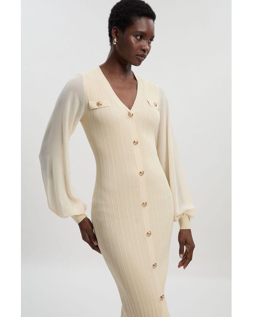 Karen Millen Natural Viscose Blend Rib Knit Chiffon Sleeve Midi Dress