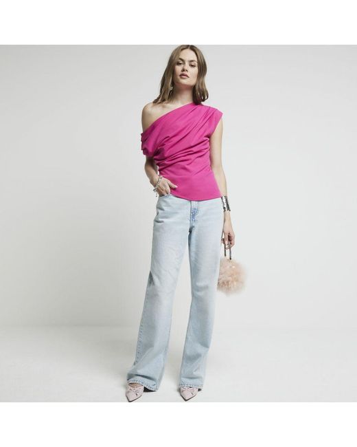 River Island Pink Drape Top Bright Off Shoulder