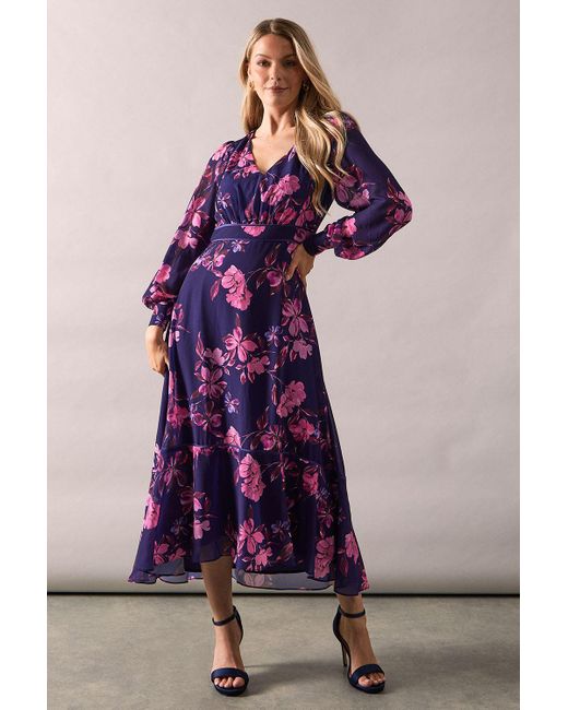 Wallis Purple Printed Chiffon Piped Blouson Sleeve Midi Dress