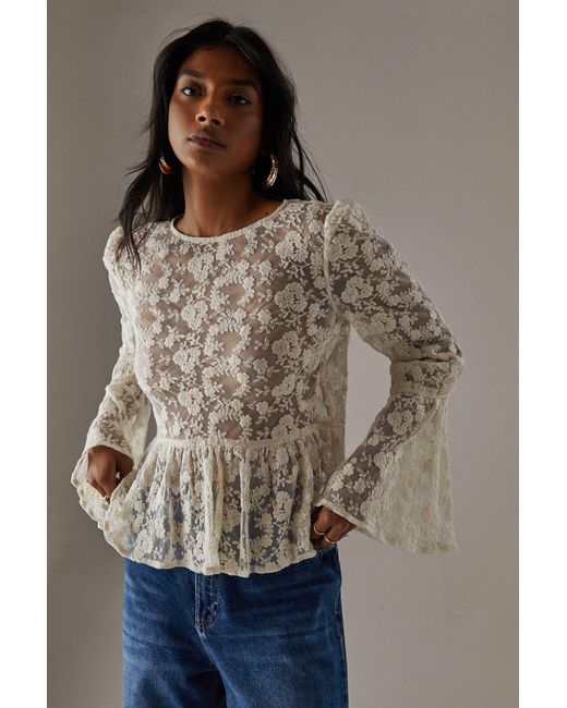 Warehouse Brown Embroidered Mesh Flare Sleeve Blouse