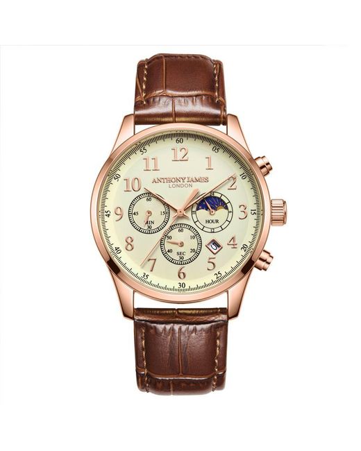 Anthony James White Hand Assembled Moonphase Chronograph Rose Leather for men