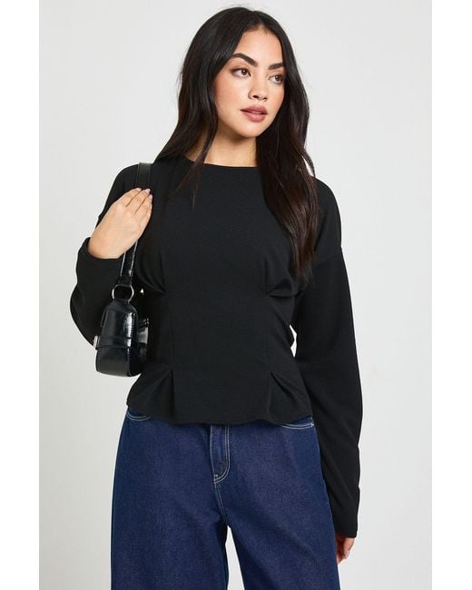 Boohoo Black Crepe Long Sleeve Cinched Waist Top