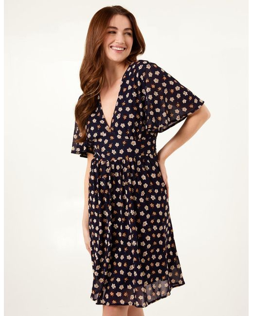 Blue Vanilla White V Neck Tie Back Flower Printed Mini Dress