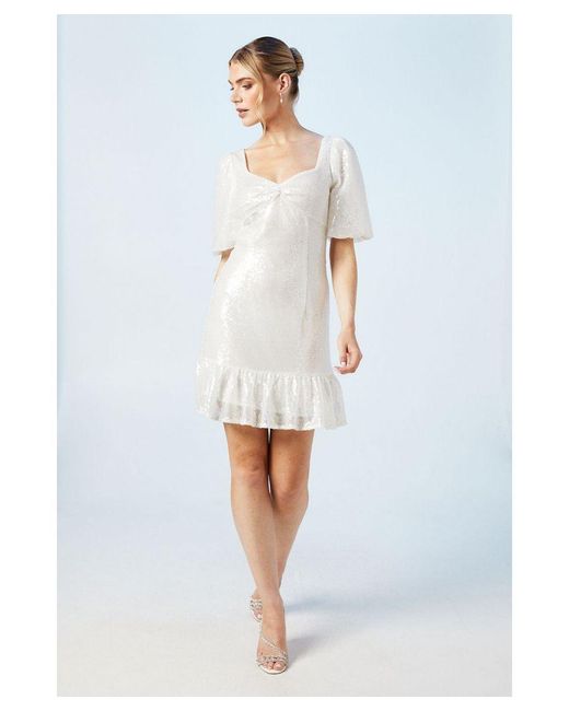 Oasis White Sweetheart Puff Sleeve Sequin Bridal Mini Dress