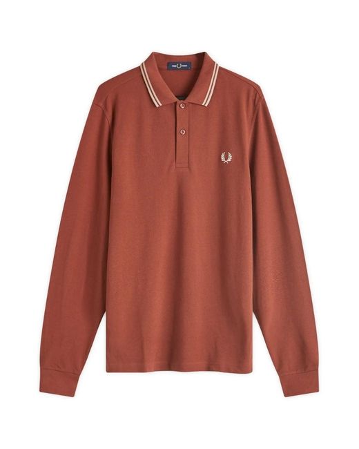 Fred Perry Red Twin Tipped Collar Whisky Long Sleeve Polo Shirt for men