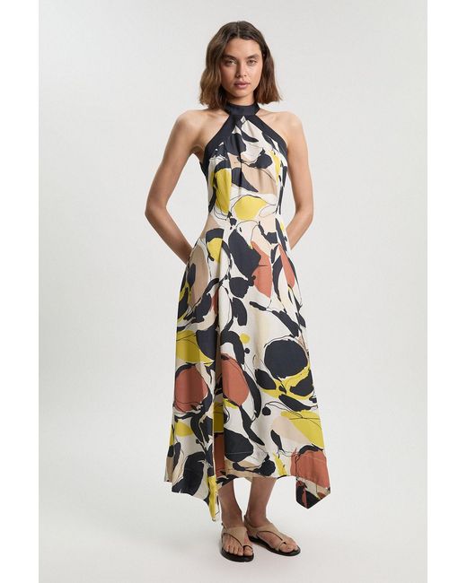 Karen Millen White Petite Abstract Print Viscose Linen Woven Halter Neck Maxi Dress