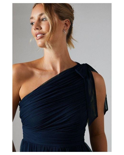 Oasis Blue Pleated Mesh One Shoulder Tiered Bridesmaids Dress