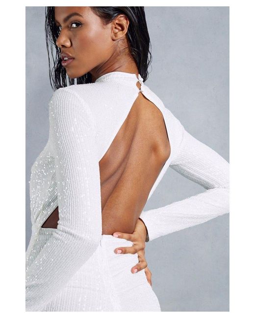 MissPap White Sequin Ruched Open Back Long Sleeve Bodycon Mini Dress