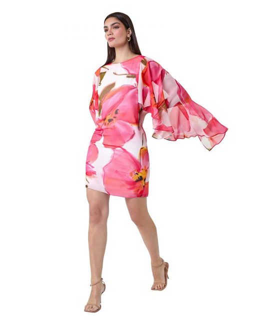 Ariella Pink Floral Print Chiffon Cape Shift Dress