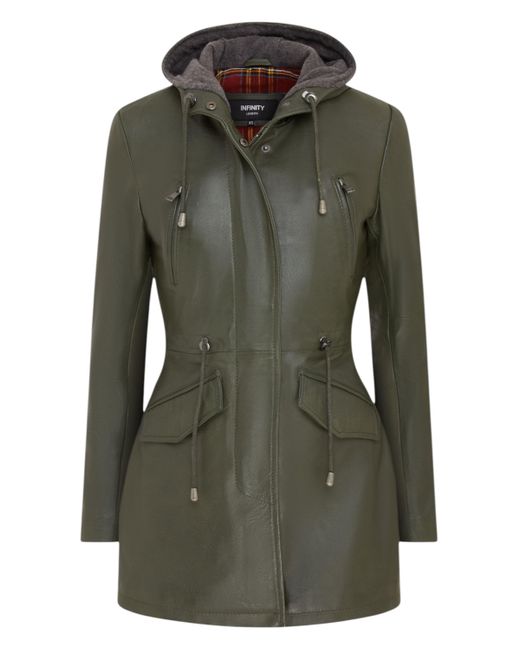 Infinity Leather Green Mid Length Hooded Parka Jacket-Oakengates Lamb Leather