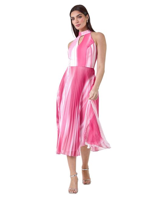 Roman Pink Ombre Stripe Pleated Midi Dress