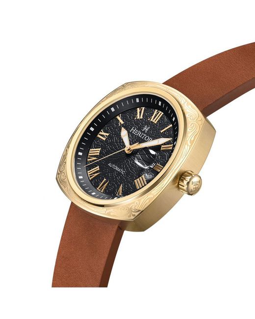 Heritor Metallic Davenport Engraved-Case Leather-Band Watch W/ Date for men