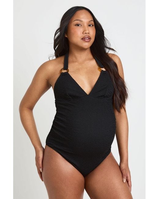 Boohoo Black Maternity Crinkle Plunge Trim Detail Swimsuit