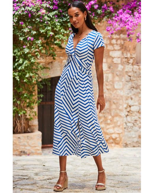 Sosandar Blue Geometric Stripe Print Twist Front Maxi Dress