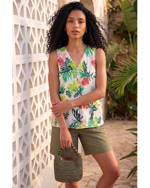 Roman Green Leaf Print Pleat V-Neck Vest Top