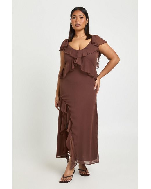 Boohoo Brown Plus Chiffon Ruffle Hem Angel Sleeve Midaxi Dress