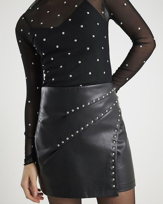 River Island Black Wrap Mini Skirt Studded Pu