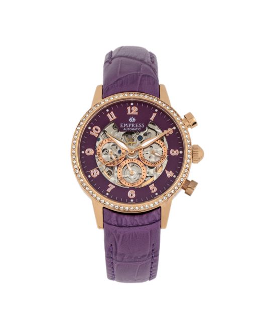 Empress Purple Beatrice Automatic Skeleton Dial Leather-Band Watch W/Day/Date