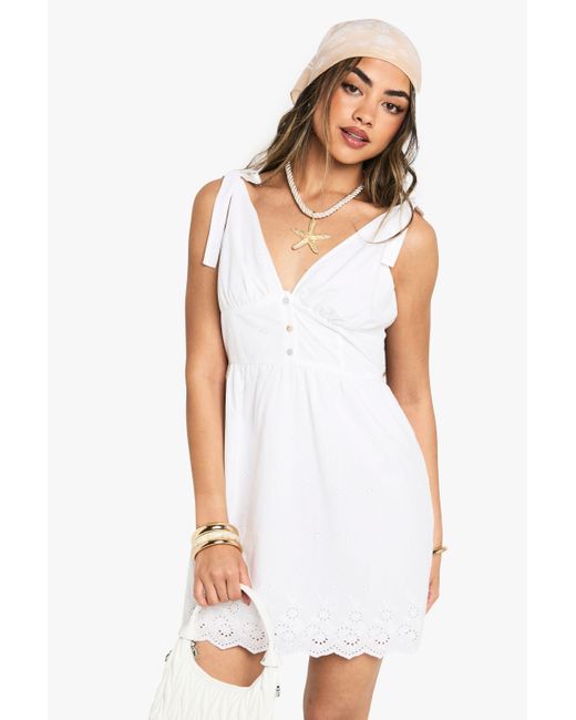 Boohoo White Broderie Strappy Tie Detail Mini Dress