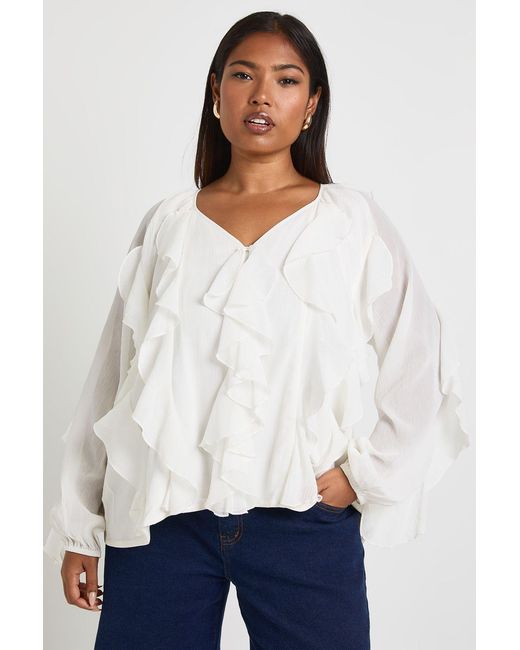 Boohoo White Plus Extreme Ruffle Tie Front Blouse