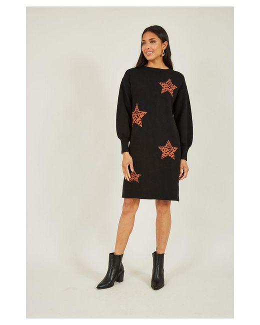 Yumi' Black Intarsia Star Print Relaxed Fit Tunic Dress Viscose
