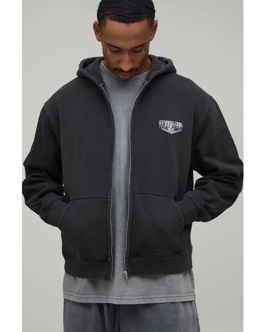 BoohooMAN Black Oversized Boxy Moto Washed Zip Through Hoodie for men