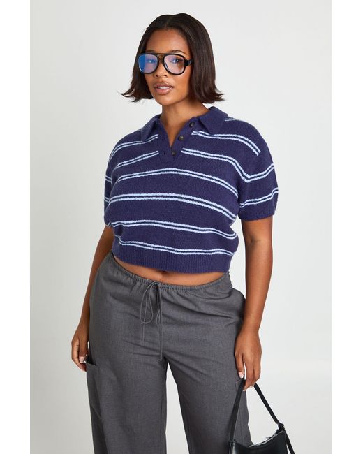Boohoo Blue Plus Collar Stripe Knit Top