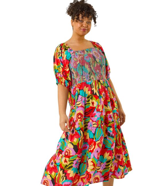 Roman Curve Floral Shirred Midi Dress