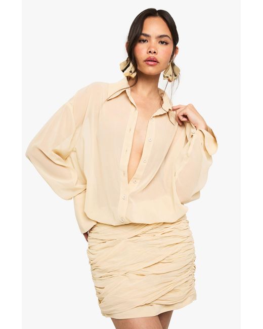 Boohoo Natural Chiffon Drop Waist Ruched Shirt Dress