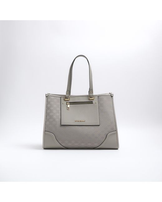 River Island Gray Grey Jacquard Monogram Shopper Bag
