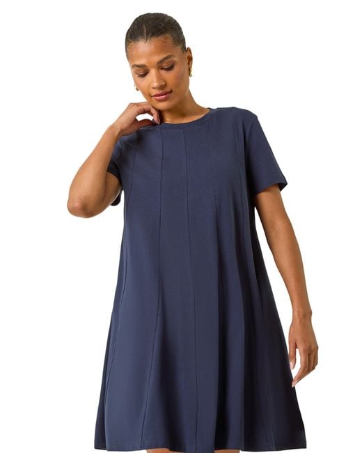 Roman Blue Cotton Panelled Swing Stretch Dress