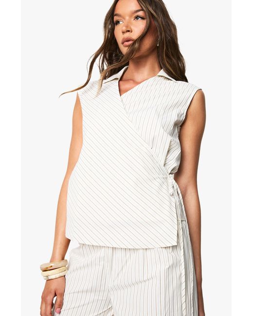 Boohoo White Stripe Collared Wrap Shirt
