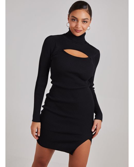 Pink Vanilla Black Ribbed Roll Neck Front Split Dress